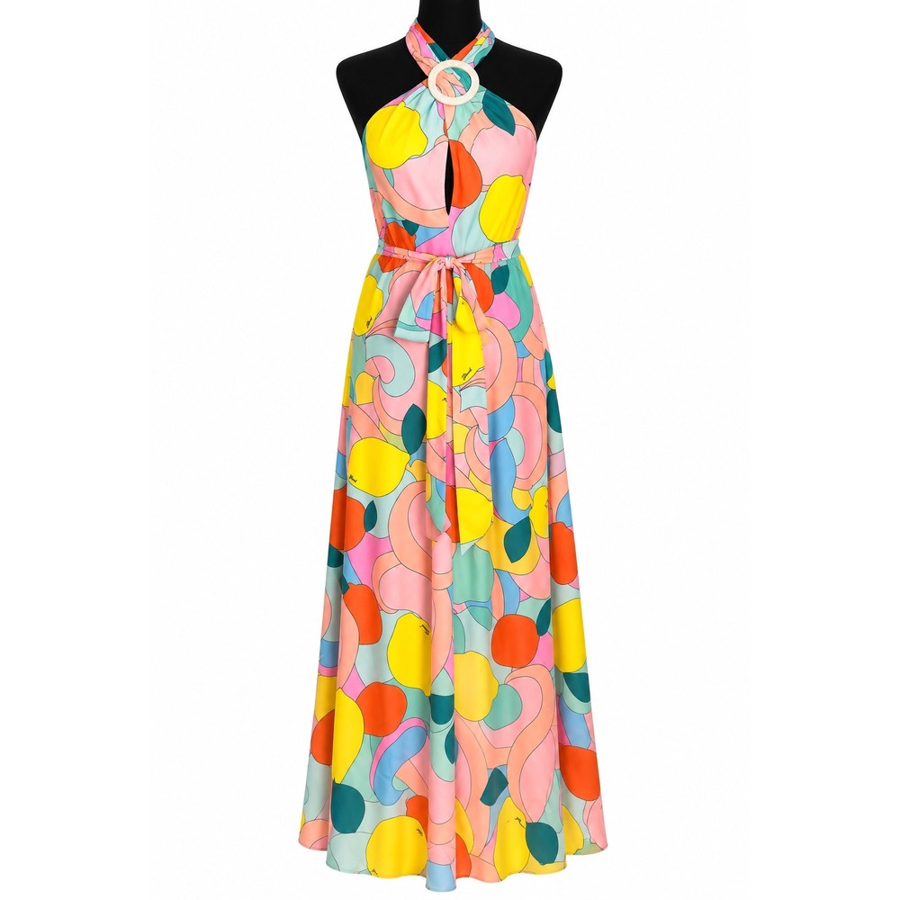 STAUD Kai Maxi Dress L Citrus Kaleidoscope Halter 70s Mod Resort NWT Backless